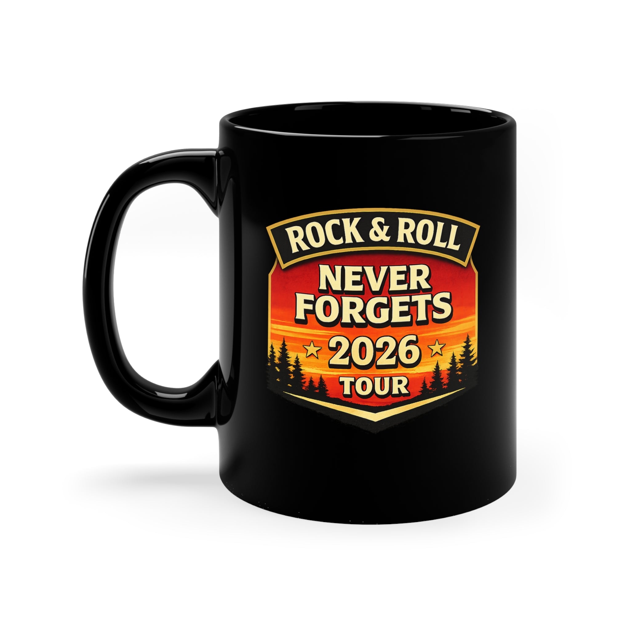 Rock & Roll Never Forgets – 2026 Tour Black Mug (11 oz)